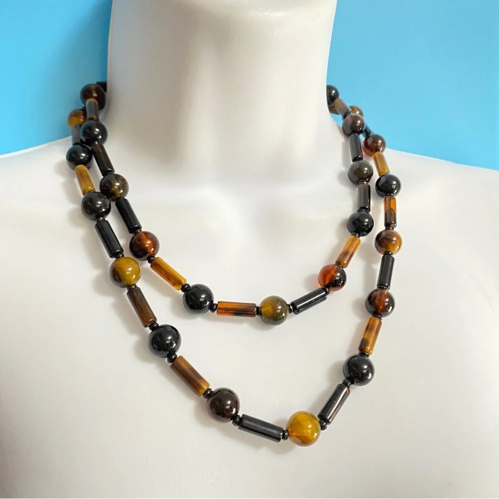 Long Lucite Brown Beads Necklace